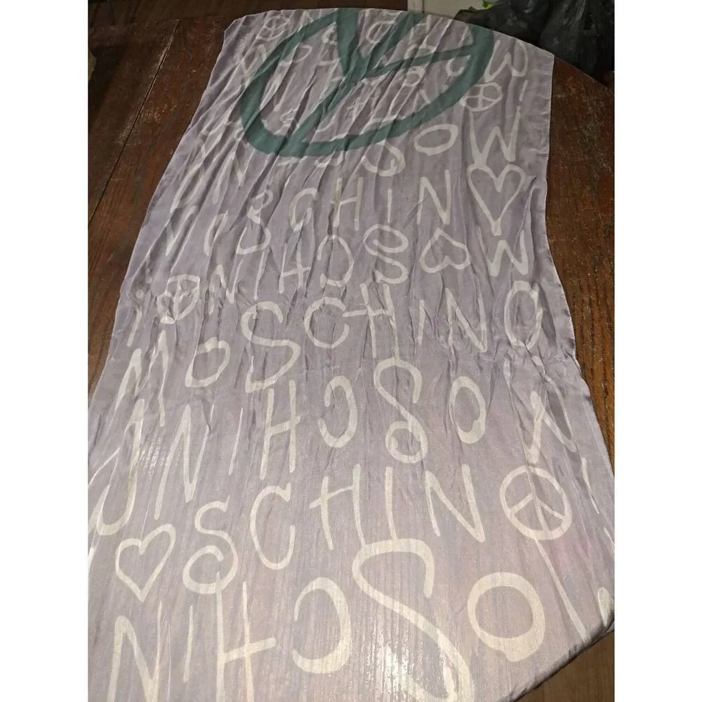 Moschino Silk Purple White Blue Scarf Wrap Logo Peace Sign Heart